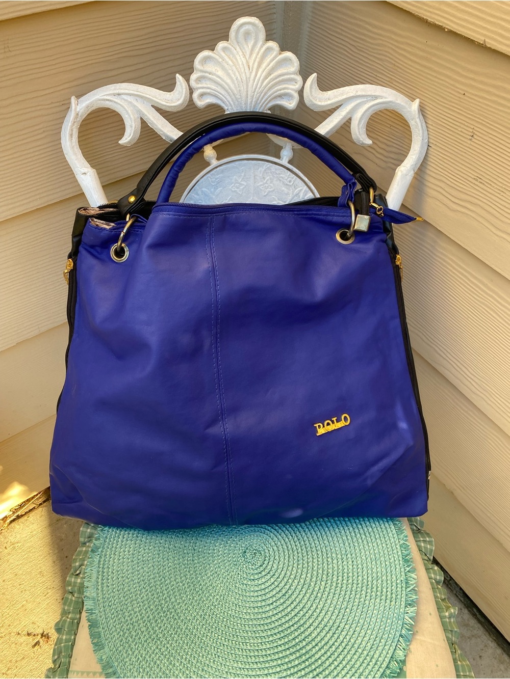 Cobalt Blue faux Leather Shoulder Tote with Black Trim